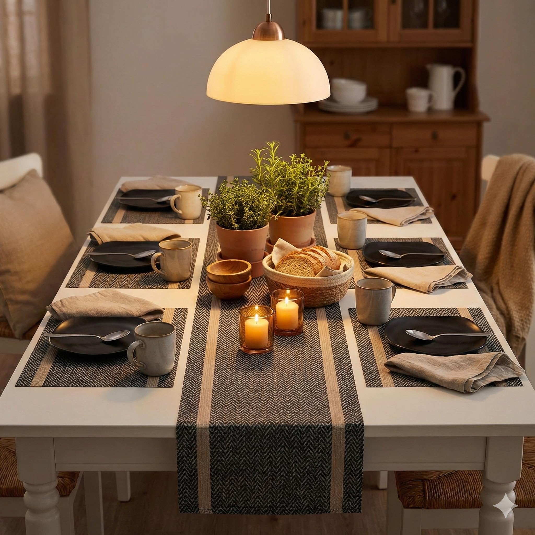 YELONA Dining Table Placemats and Runner Set - Heat Resistant, Washable, Stain Resistant Mats - Woven Vinyl Plastic - Easy to Clean-(45x30 cm 6 Placemats, 135x30 cm 1 Runner)-Ideal for Stylish Dining Kafalo