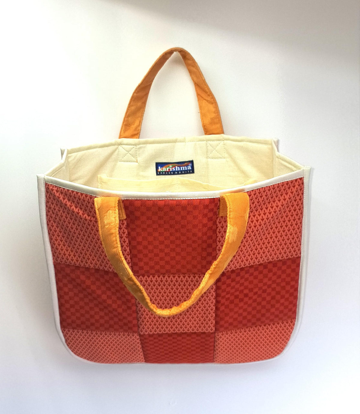 Shop Karishma Women's Reusable Shopping/Grocery Classic Tote Bag With Pocket Shoulder Cotton Handbag Travel Bag Multi-Purpose (Orange Checks)
