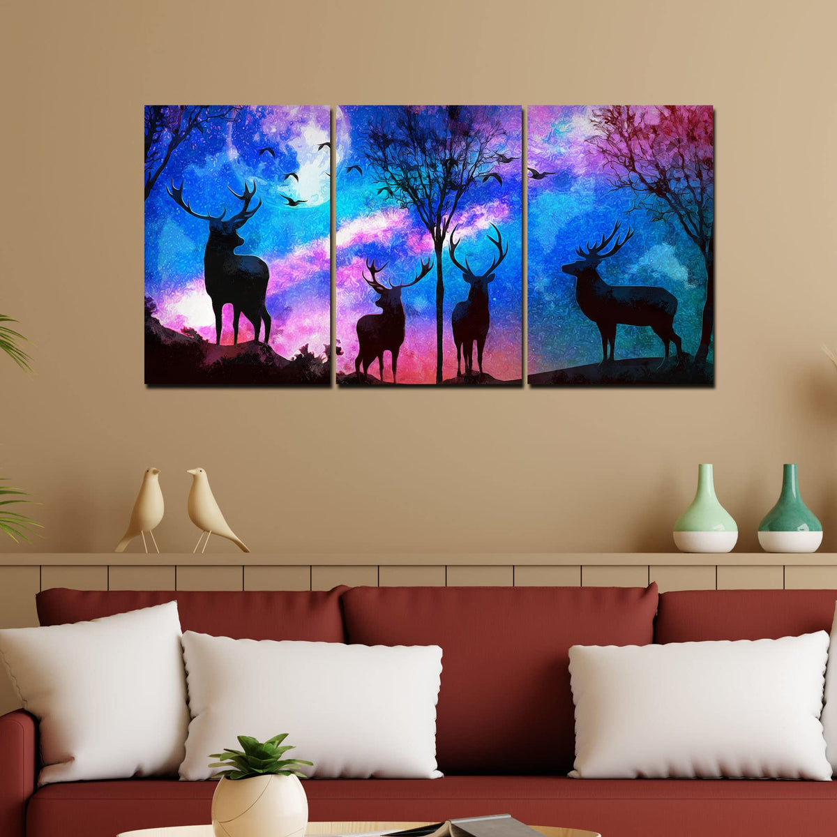 VIBECRAFTS Homcraft Deer In Forest 3 Pieces Canvas Wall Painting Fitted With Wooden Frame For Home | Office | Living Room | Gifts(PTVC3Pcs3_11518)