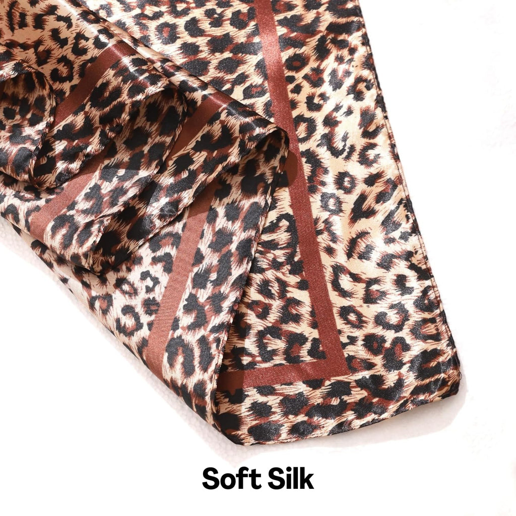 Flavizo Leopard Print Satin Square Scarf for Women, Stylish Large Silk Scarves, Lightweight Bandanas for Women, Brown Head Scarf | Fashion Neck Wrap