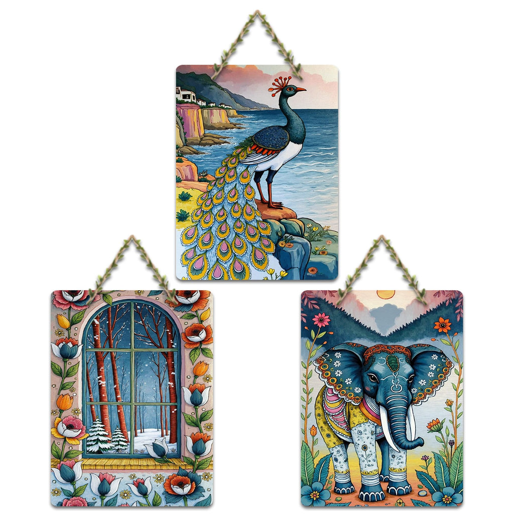 Artvibes Elegant Elephant Floral Window & Gorgeous Peacock Modern Art Decorative Wall Art MDF Wooden Wall Hanger for Home | Home Decor | Wall Accent | Wall Poster | Ideal Gifts (WH_9648N), Set of 3