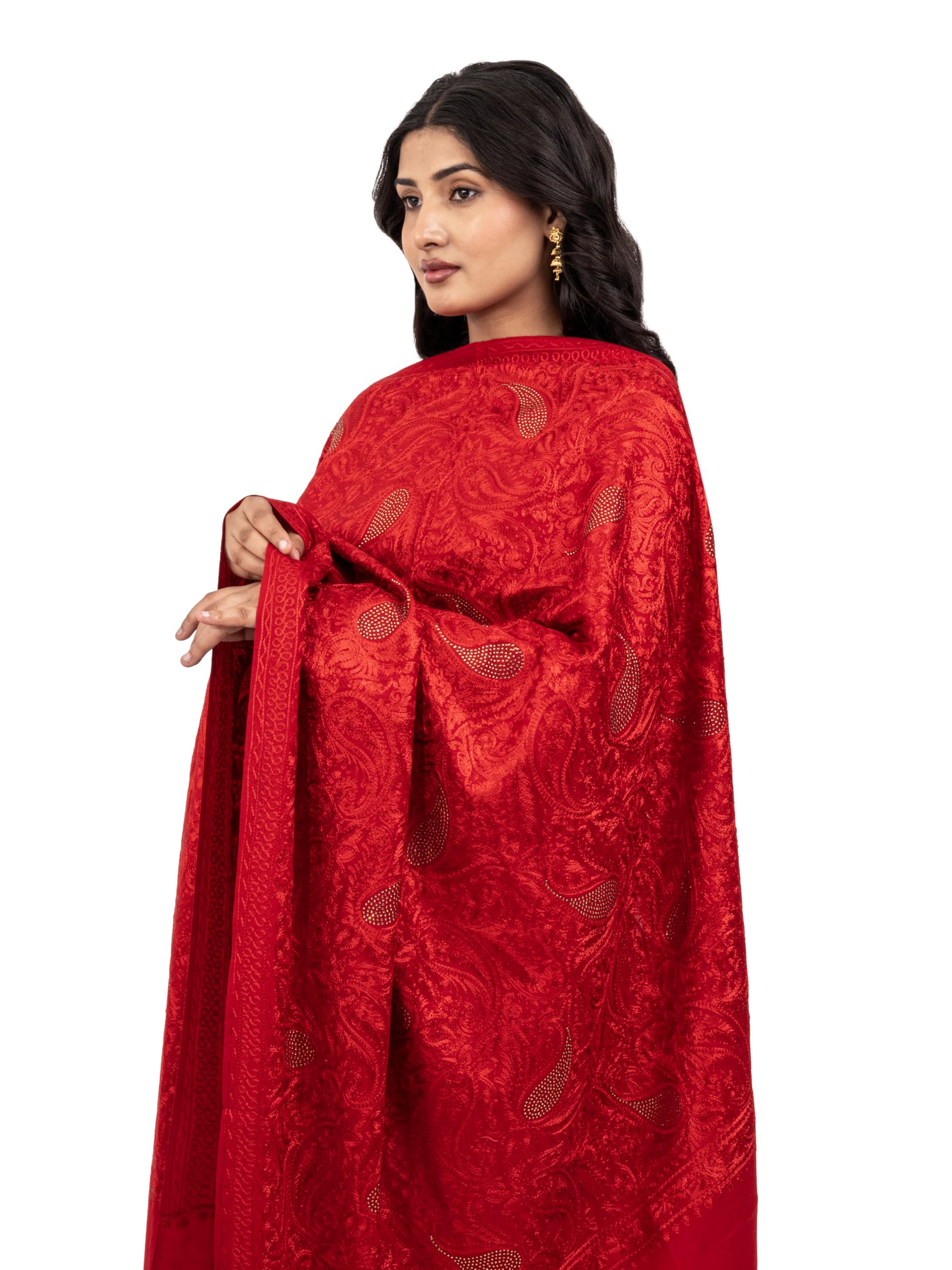 Naureen Women Pashmina Blend Shawl with Aari Embroidery and Shimmering Crystals, Warm and Soft, 40x80 inch