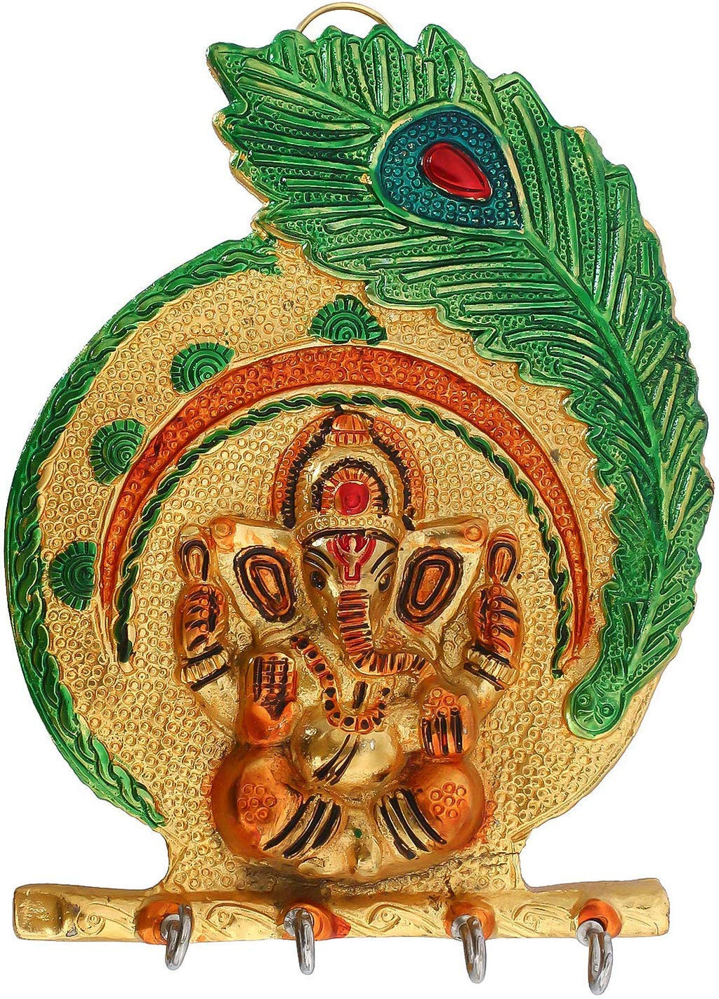 Prince Home Decor & Gifts Metal Key Holder Krishna Flute Design with More pankhi Hanging for Home Décor(27x5 x 15 cm) (Ganesh Leaf)
