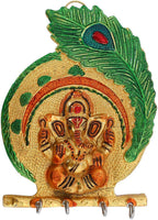 Prince Home Decor & Gifts Metal Key Holder Krishna Flute Design with More pankhi Hanging for Home Décor(27x5 x 15 cm) (Ganesh Leaf)