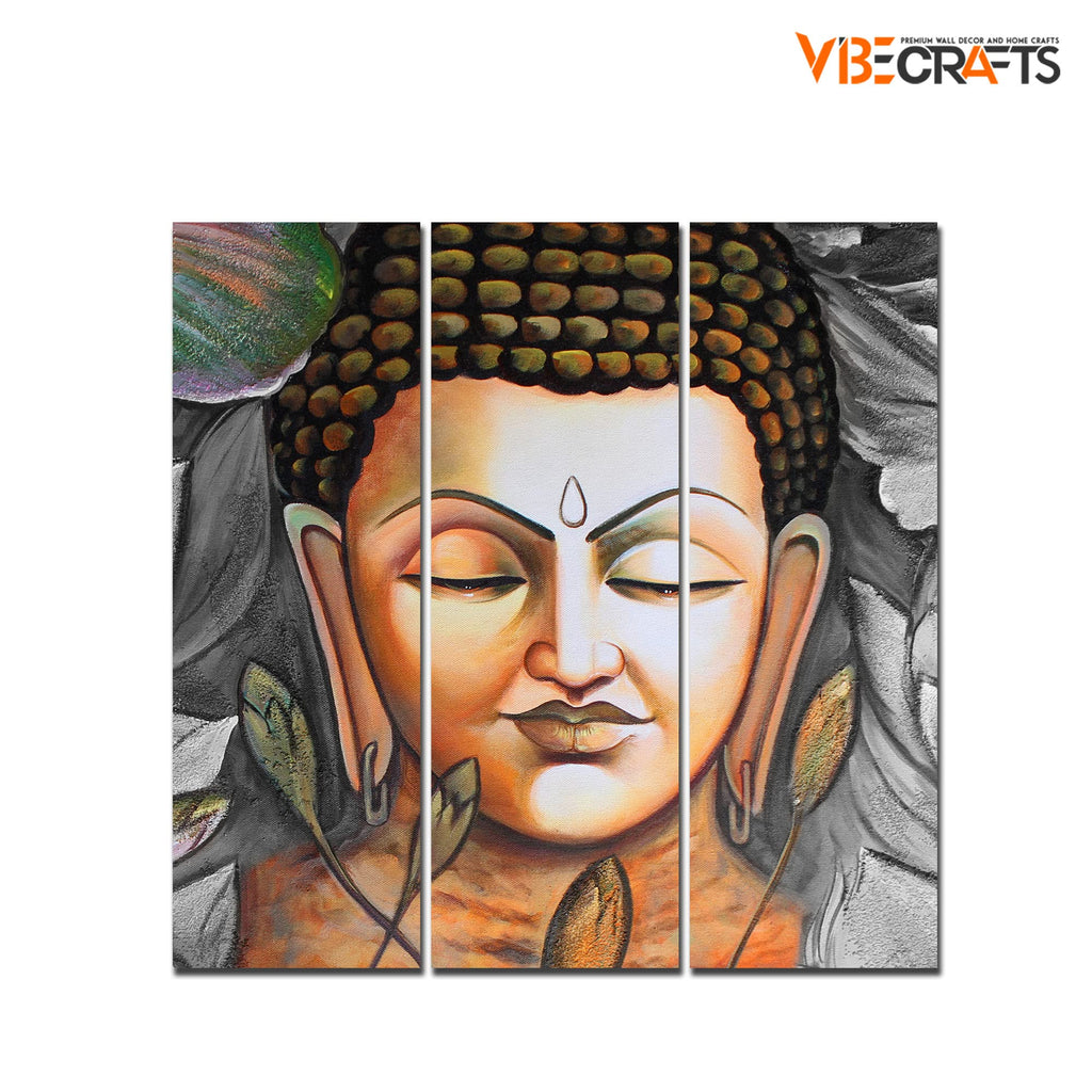 VIBECRAFTS Buddha Meditating 3 Pieces Canvas Wall Painting Fitted With Wooden Frame For Home | Office | Living Room | Gifts (PTVC3Pcs1_9598)