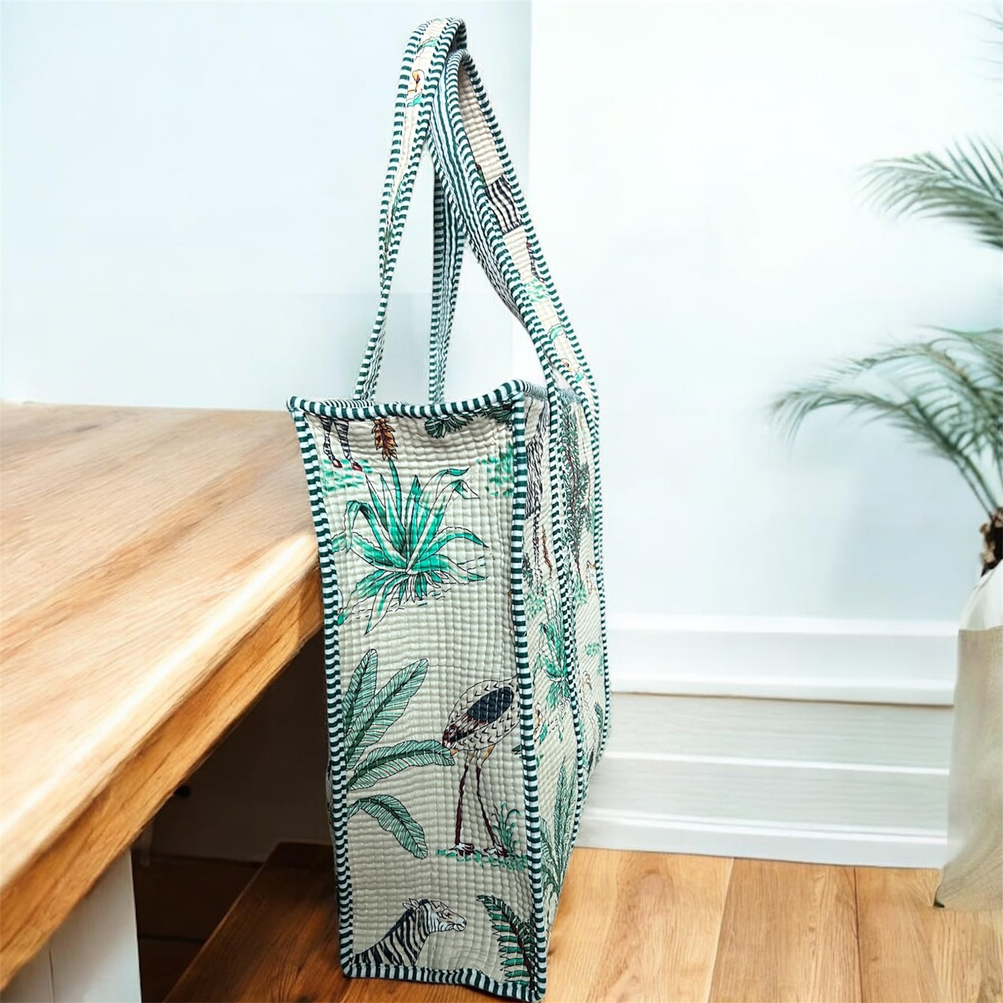 Handcrafted Quilted Cotton Tote Bag for Women, Printed Shoulder Bag with Jungle Animal Pattern, Lightweight Reusable Shopping & Daily Carry Tote, Large Size 18 x 18 x 5 Inches (Light Brown)