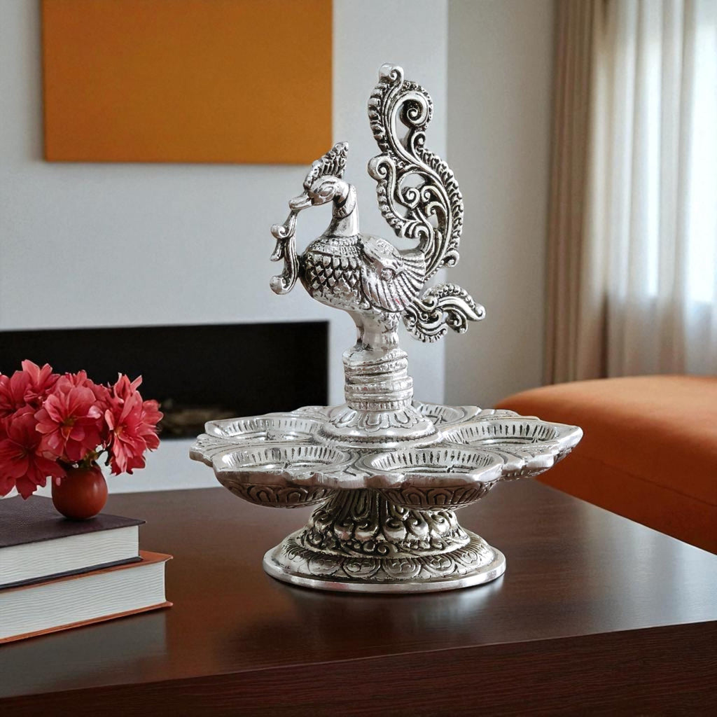 Traditional Silver-Plated Peacock Pooja Thali, 5-Compartment Diya Stand with Ornate Design