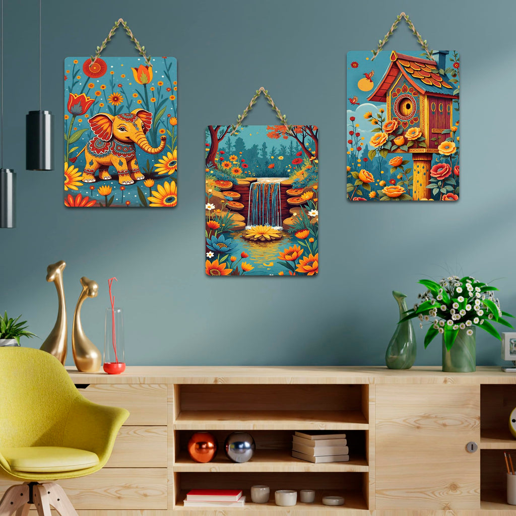 Artvibes Elephant In Bloom Birdhouse Waterfall Home Art For Wooden Art Decoration Item for Home | Garden Balcony | Door Decoration Item | Graphic Artwork | Wall Poster | Gift Item (WH_9634N), Set of 3