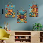 Artvibes Elephant In Bloom Birdhouse Waterfall Home Art For Wooden Art Decoration Item for Home | Garden Balcony | Door Decoration Item | Graphic Artwork | Wall Poster | Gift Item (WH_9634N), Set of 3