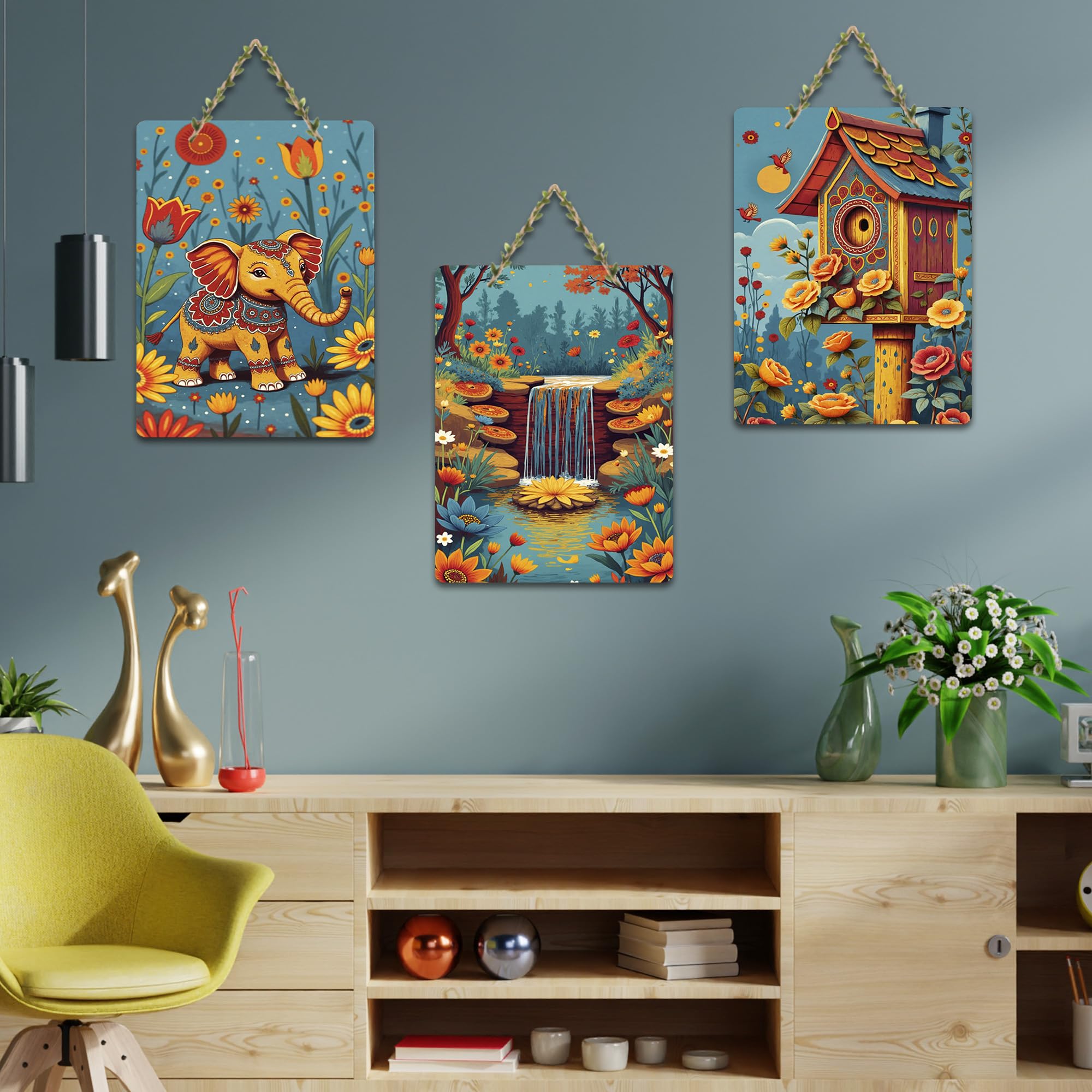 Artvibes Elephant In Bloom Birdhouse Waterfall Home Art For Wooden Art Decoration Item for Home | Garden Balcony | Door Decoration Item | Graphic Artwork | Wall Poster | Gift Item (WH_9634N), Set of 3