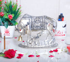 Prince Home Decor & Gifts Metal Kamdhenu Cow with Calf Statue (Silver)