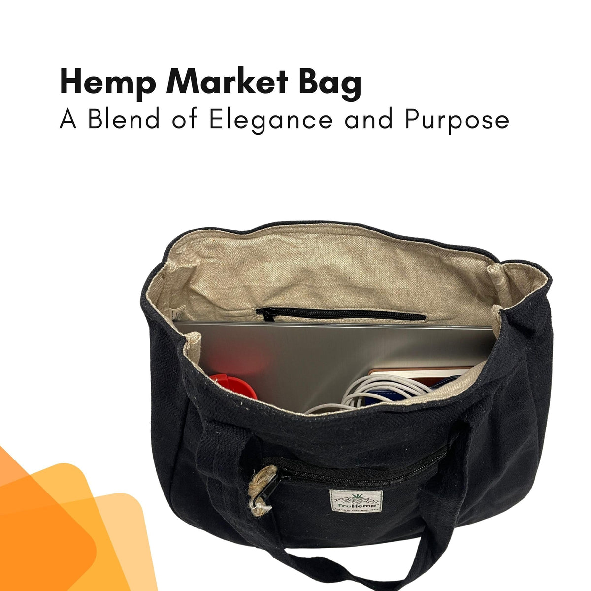 TruHemp Hemp Shopping Tote Bag with Dual Zippered Compartments | Spacious Eco Market Bag with Cotton Lining | 10L Capacity, Black, Medium