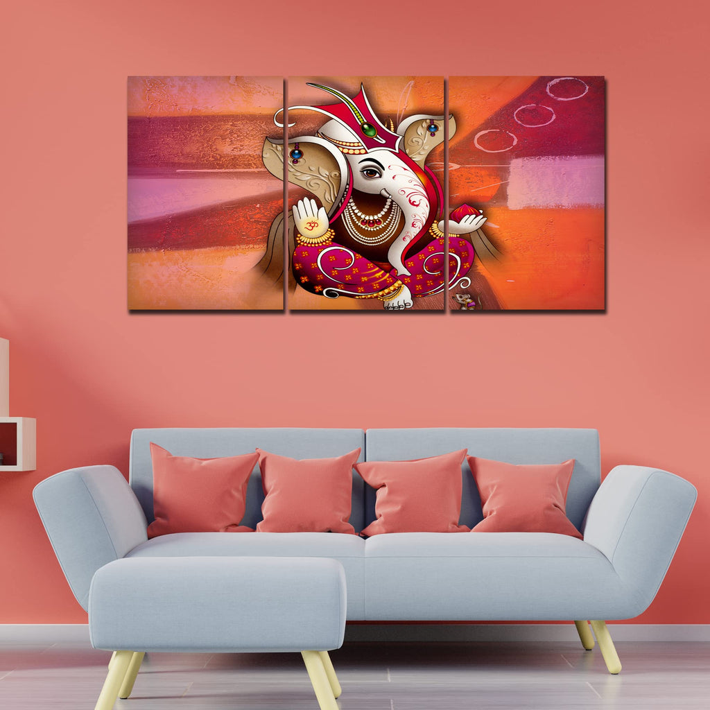 VIBECRAFTS 3 Pieces Beautiful Ganesh Canvas Wall Painting Fitted With Wooden Frame For Home | Office | Living Room | Gifts(PTVC3Pcs3_11513)