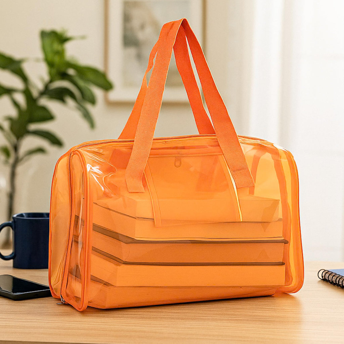 THE BLING GLOBAL Transparent PVC Duffle Bag For Kids,Jelly Shoulder Bag, Stylish Clear Handbag with Double Handles, for Rakhi Gift, Kids Bag for Rakhi Celebration. (Orange)