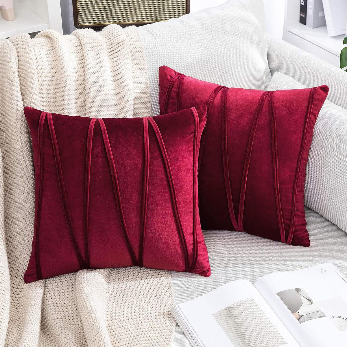 Khooti Velvet Striped Cushion Cover Pack of 1-38 x 38 / 97 x 97 cm | Red | Soft Pillow Covers Cushion Case for Sofa Bedroom Livingroom Chair Car, Cushion Cover with Zig Zag Pattern