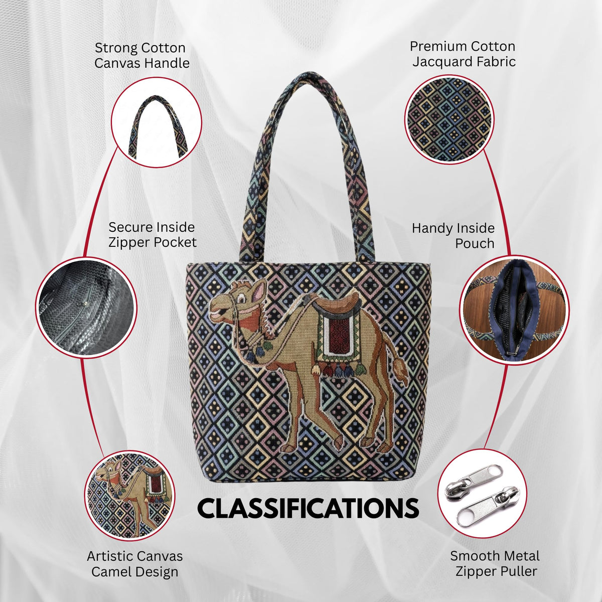 Ethnic Jacquard Cotton Tote Bag for Women | Handcrafted Embroidered Camel Design Handbag with Zipper Closure & Internal Pocket | Traditional Shoulder Bag for Shopping