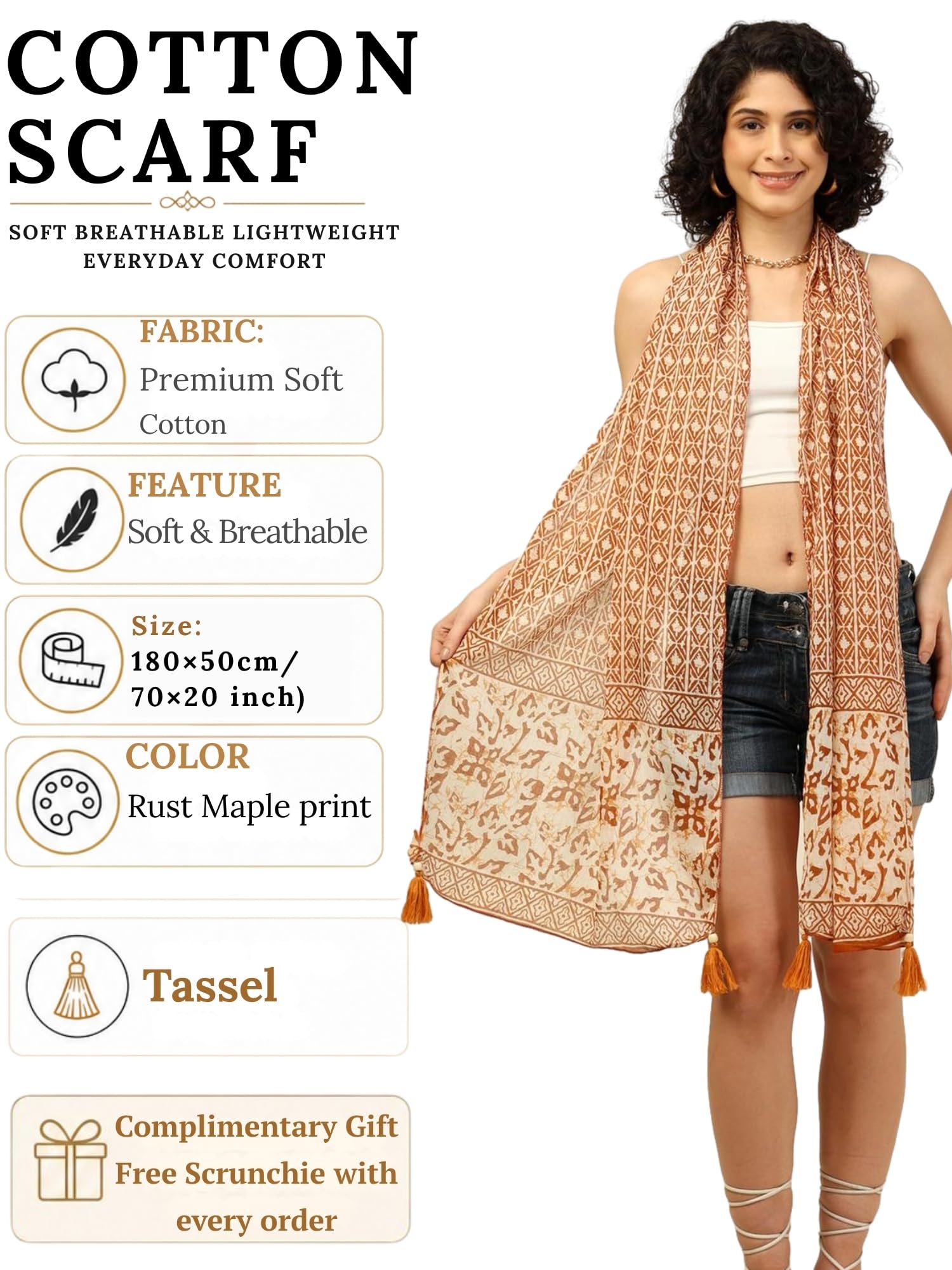 KE KANHA EXPORTS Scarf for Women Premium Cotton Boho | Dual Tone Border Print Stole with Tassels | Lightweight Summer Beach Wrap 180 x 50 cm (Rust Maple Print)