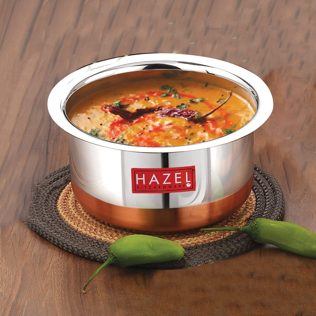 HAZEL Stainless Steel Patila Set with Lid 3 Pieces (1 L, 1.5 L & 1.9 L) | Copper Bottom Tope for Daily Cooking | Durable Kitchen Utensils Set