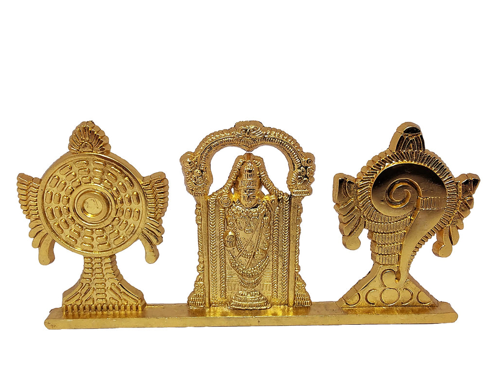 KridayKraft Tirupati Balaji Symbol Stand Shankh Chakra with Balaji Statue Gold Plating Antique Decorative for Car Dashboard Home & Office Table Showpiece Figurines,Religious Gift Idol, 5 x 1 Cm