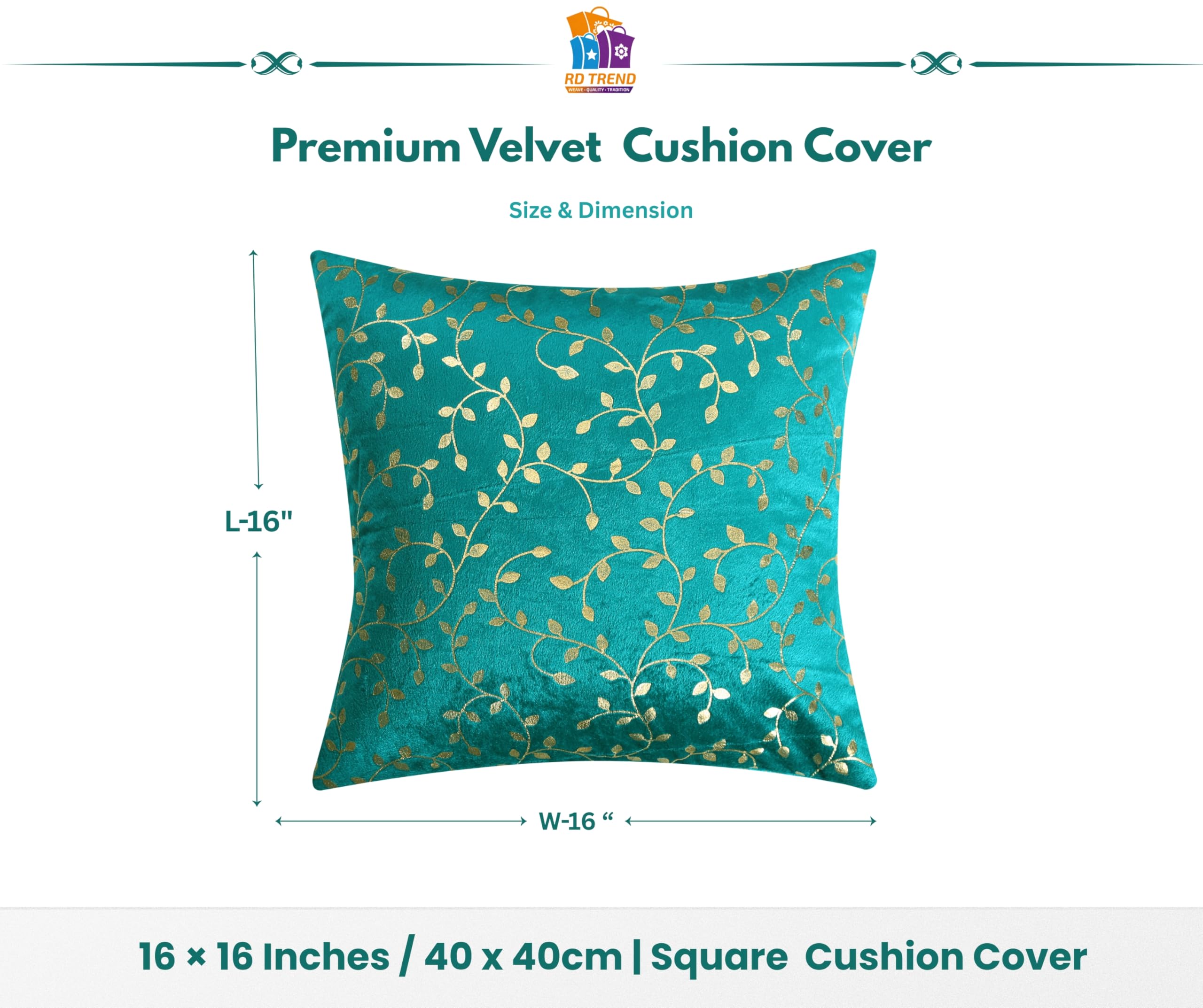 RD TREND Velvet Cushion Covers, 40 x 40 cm/16 x 16 inches, Pack of 2,250 TC, Side Zipper (Sea Green)