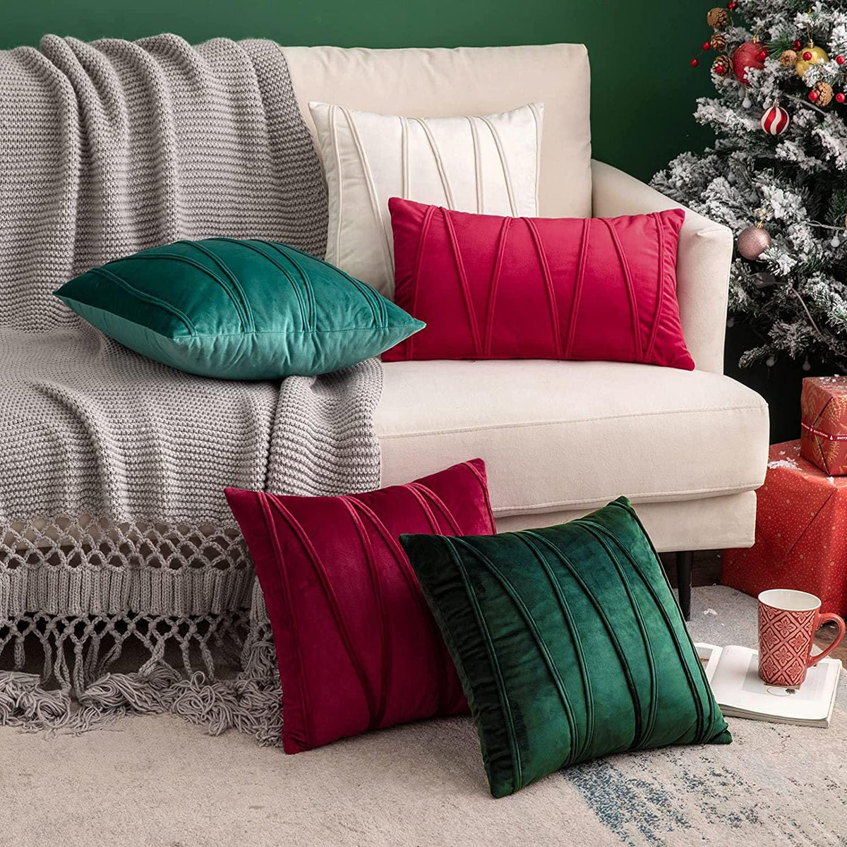 Khooti Velvet Striped Cushion Cover Pack of 1-30 x 30 / 76 x 76 cm | Army Green | Soft Pillow Covers Cushion Case for Sofa Bedroom Livingroom Chair Car, Cushion Cover with Zig Zag Pattern