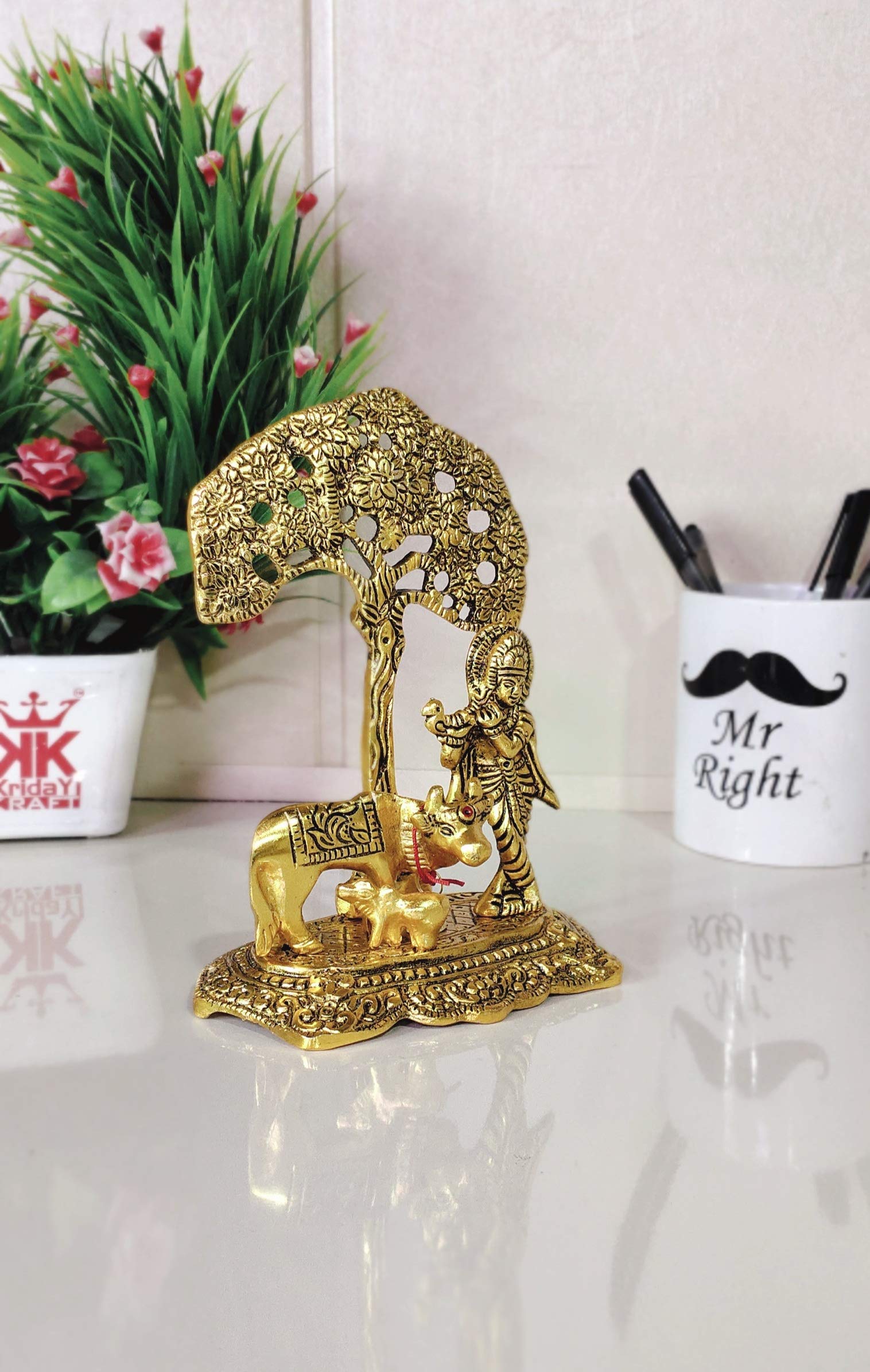 KridayKraft Metal Krishna Idol Statue with Kamdhenu Cow Standing Under Tree for Pooja Room,Temple & Decor Your Home,Office & Gift Your Relatives,Wedding,Birthday...