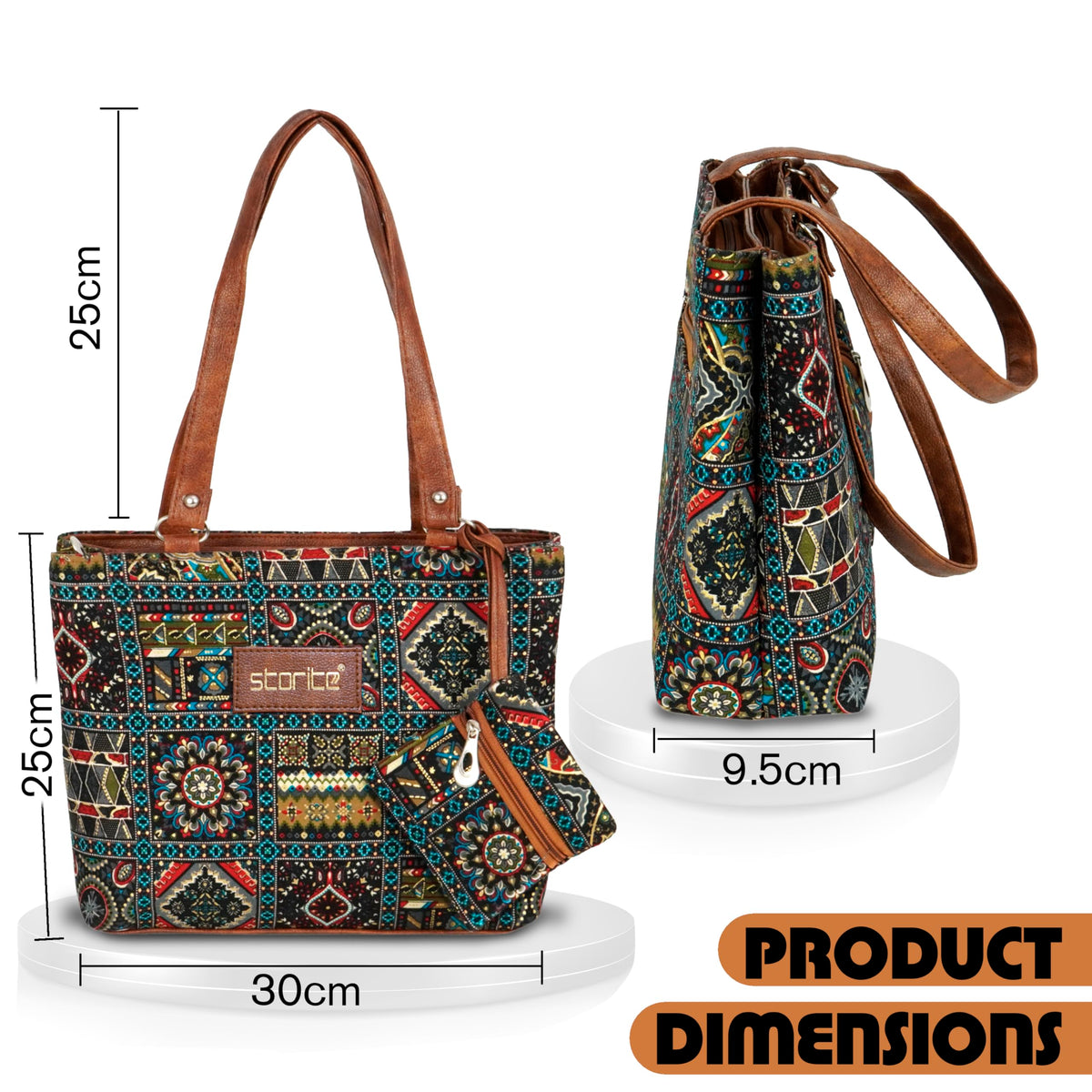 Storite Women's Tote Bag With Leather Handles & Embroidery Printed