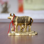 KridayKraft Kamdhenu Cow with Calf Metal Rajasthani Handicrafts Decorative Showpiece for Gifting Anniversary Valentine's Day (Golden)