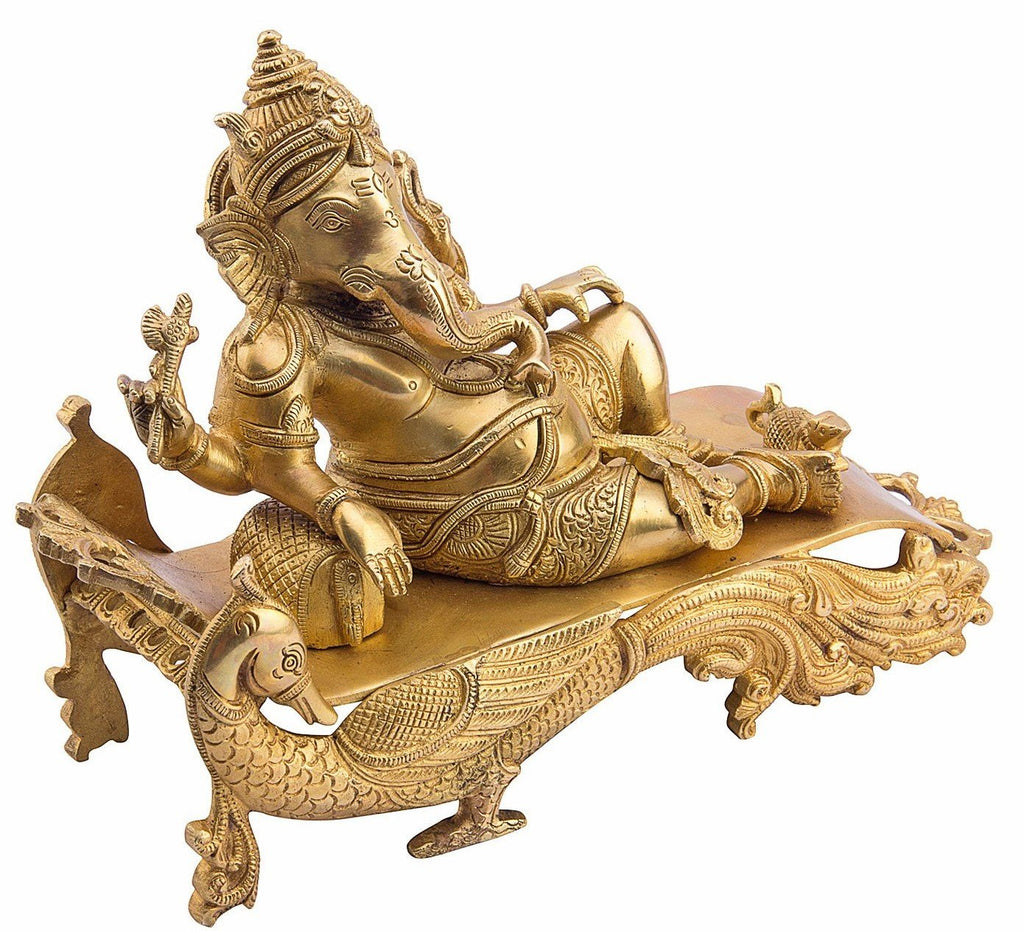 ARTVARKO Large Size Brass Ganesh Bhagwan Idol Resting Position Virajman on Designer Peacock Couch Ganesha Ganapati Ganpati Puja Decor Gift