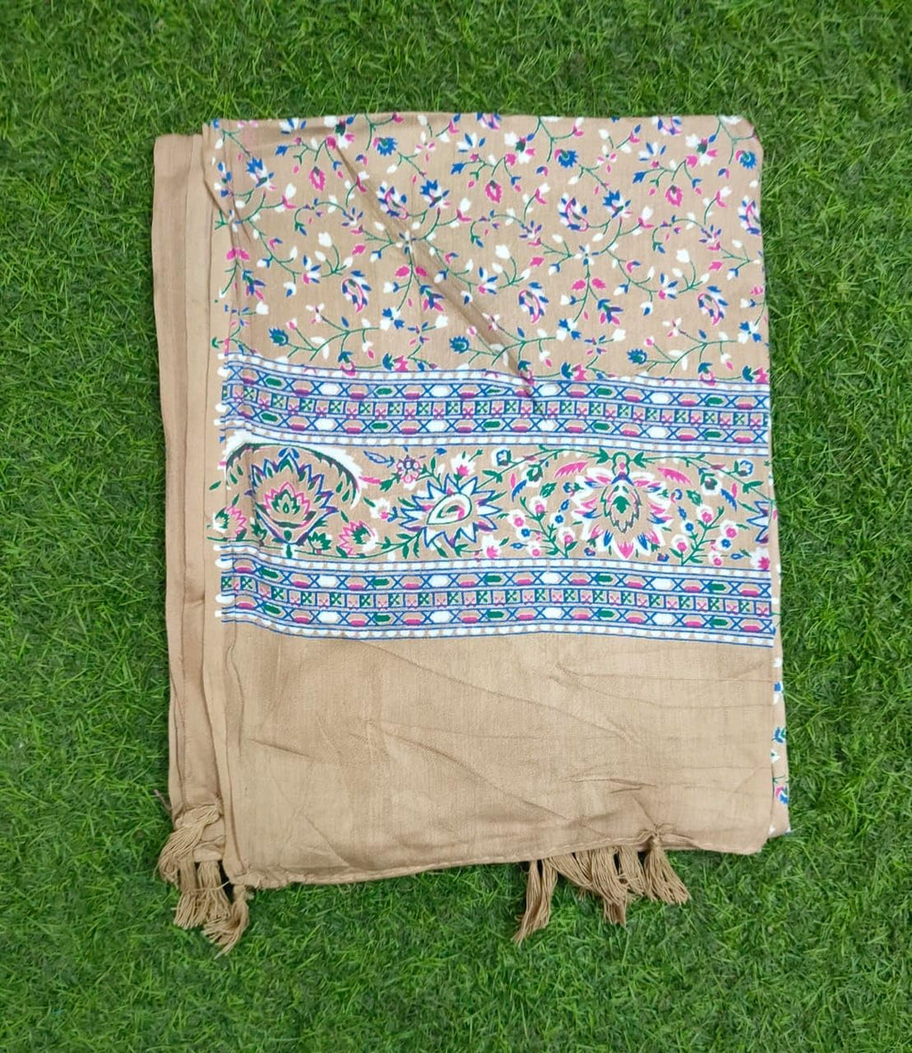 JAHAN TEXTILE Floral Printed Scarf for Women | Soft Lightweight Dupatta/Stole with Tassels | Elegant Ethnic & Casual Wear Wrap | Stylish Designer Shawl for All Seasons (Khakhi)