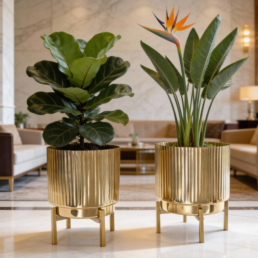 BEHOMA Fluted Metal Indoor Planters with Stands, Golden - Set of 2