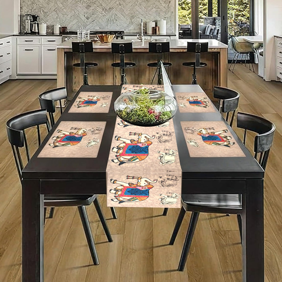 PRAKARTIK BY INDUARTS Dining Table Mats Set of 4 with 135 cm Runner - Elephant Ethnic Theme,Digital Print, Washable, Indoor/Outdoor, Heat-Proof, Water Resistant, Wipe & Clean (47X33 cm) Cream Kafalo