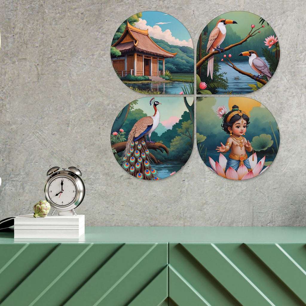 Artvibes Nature Spiritual Wooden Wall Hanger for Home Decor | Graphic Artwork | Door Decoration Items | Paintings For Wall | Wall Art Print | Handcrafted Art | Unique Gift Items (WH_8429N), Set of 4
