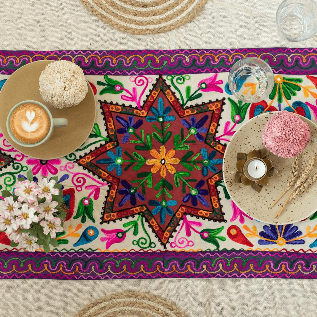 ATRANGI STUDIO Flower Embroidered Table Runner | Handcrafted Traditional Aari Work Table Cloth | Cotton Table Runner with Mirror Accents for Dining & Home Decor | 58 x 19 Inch, Multicolour