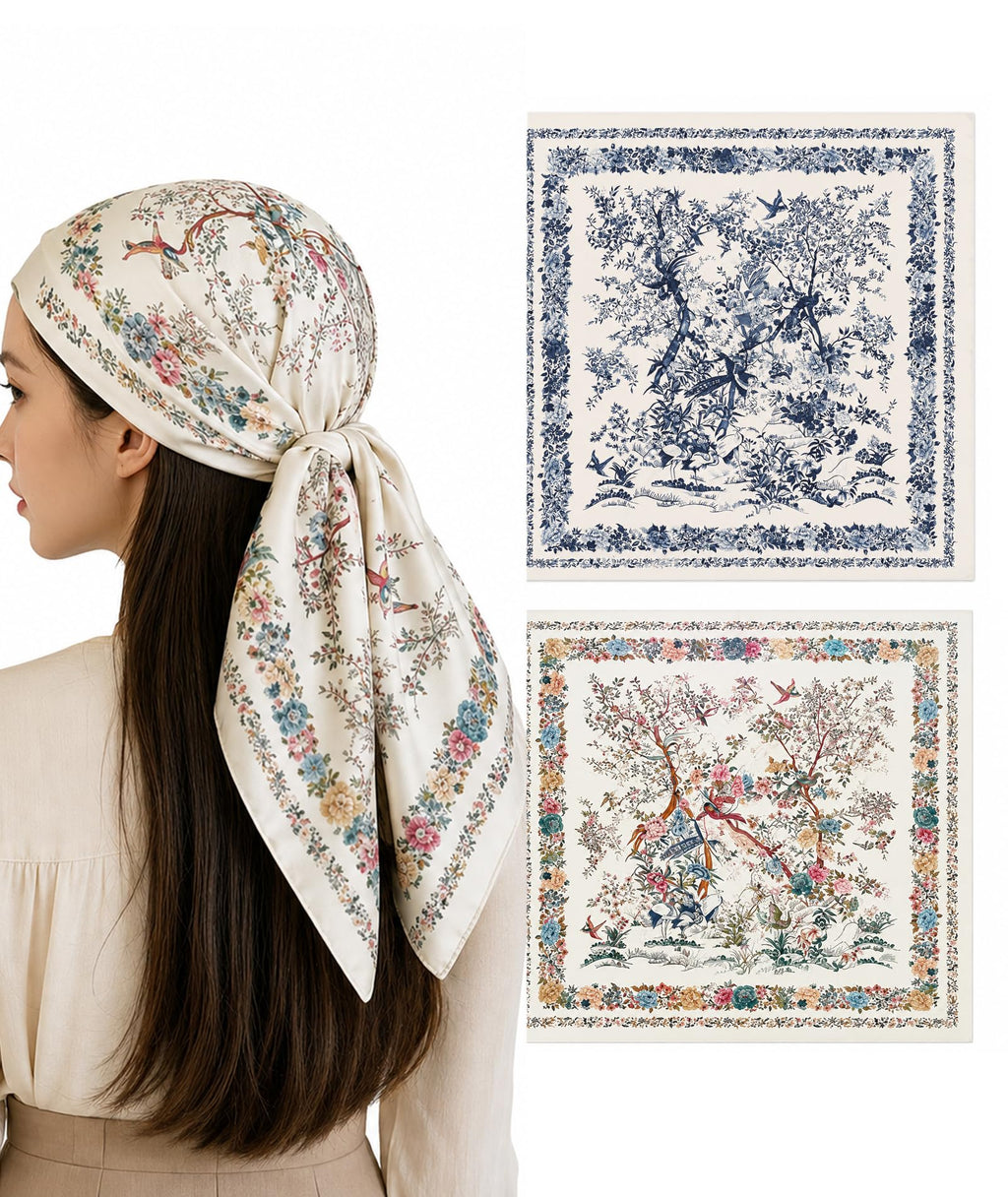 Head Scarf for Women, Fashion Silk Scarf for Stylish Hair Protection, Multipurpose Headwear for Sleeping and Daily Use, 2PCS Floral Bird Pattern Design in White and Blue, 70cm x 70cm Square Size