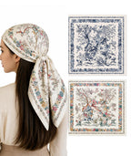 Head Scarf for Women, Fashion Silk Scarf for Stylish Hair Protection, Multipurpose Headwear for Sleeping and Daily Use, 2PCS Floral Bird Pattern Design in White and Blue, 70cm x 70cm Square Size