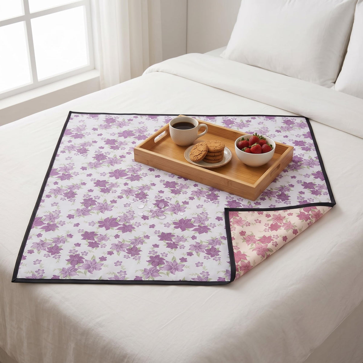 MUSHIES Waterproof Bed Server Mat (Maroon/Purple Floral, 36x36 Inch) Reversible 3-Layer Bedsheet Protector & Food Mat for Eating on Bed | Heavy-Duty Bed Server Food Mat for Kids, Adults & Patients Kafalo