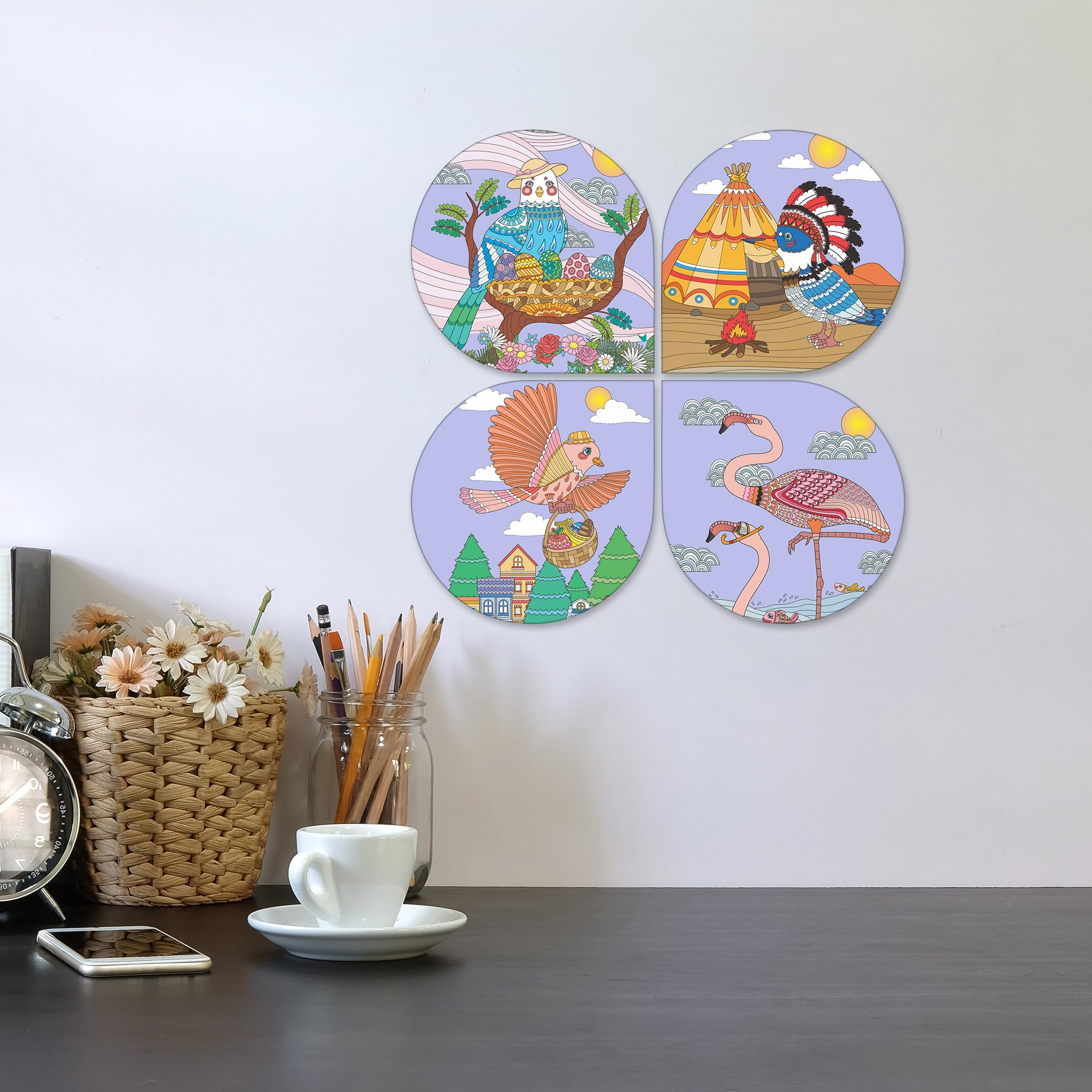 Artvibes Colorful Bird Wooden Art Decoration Item for Living Room | Printed Wall Decoration | Scenery For Drawing Room | Wall Illustrations | Handcrafted Art | Unique Gift Items (WH_8439N), Set of 4