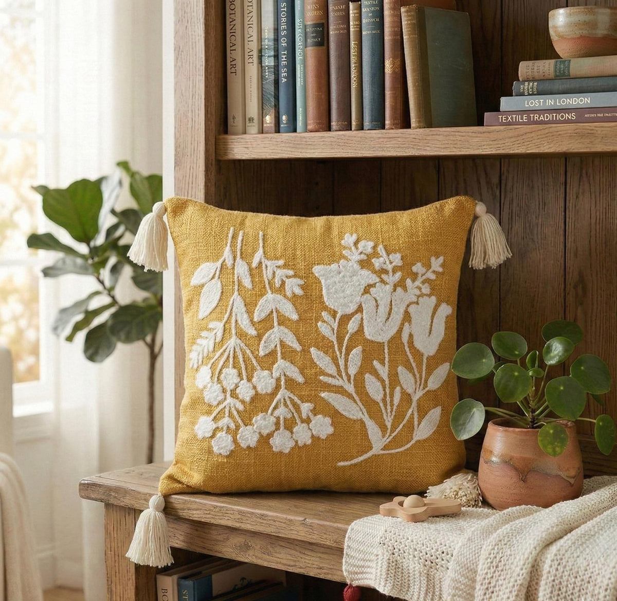 Furnistitchs Handmade Boho Cushion Cover 16x16 Inches Embroidered Slub Cotton Pillow Case with Tassels Decorative Bohemian Throw Cushion for Sofa & Bedroom, 40x40 cm (1, Yellow Sticks)