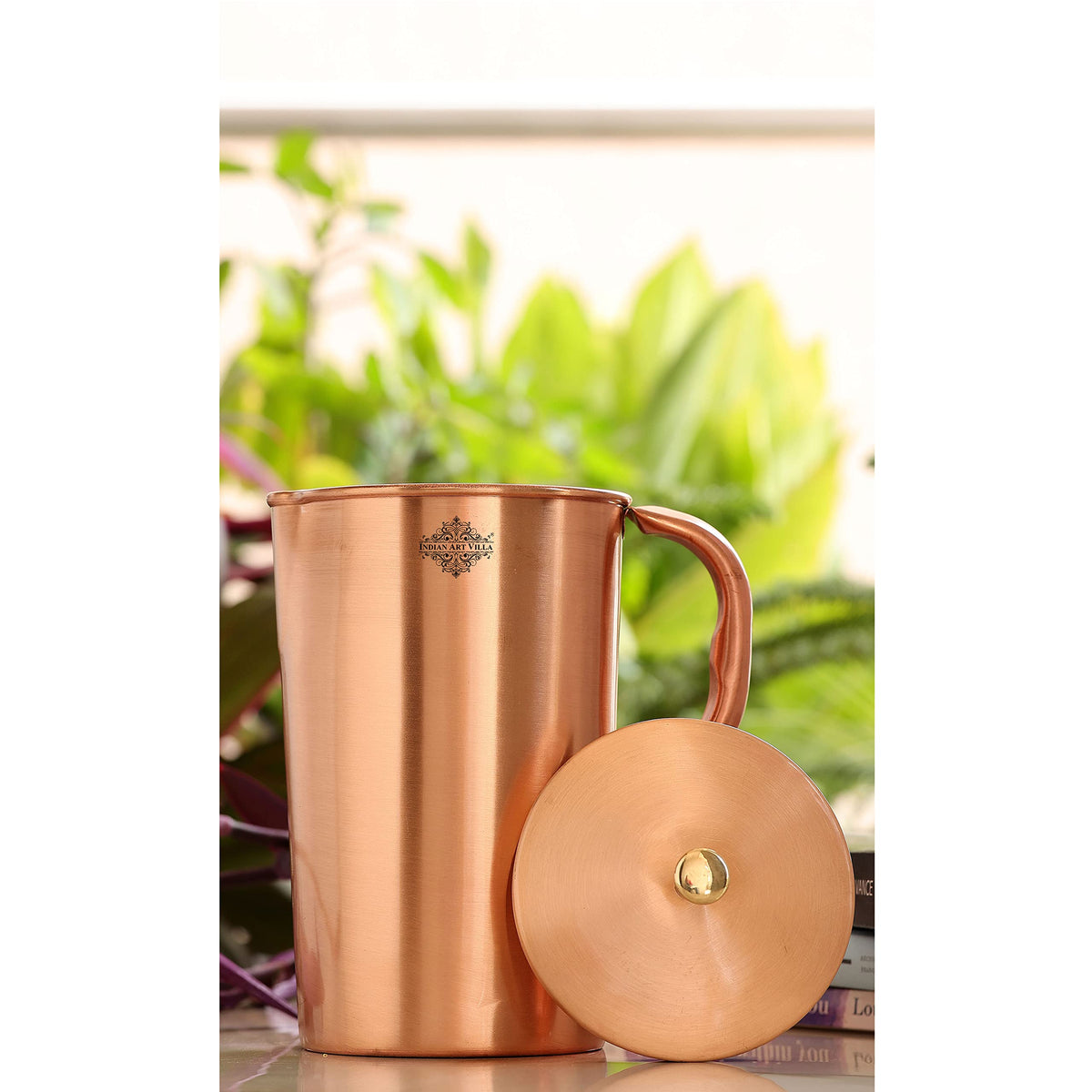 Indian Art Villa Plain Lacqure Coated Copper Jug Pitcher with Brass Knob, Storage & Serving Water, Yoga Ayurveda Healing, Volume- 1500 ML