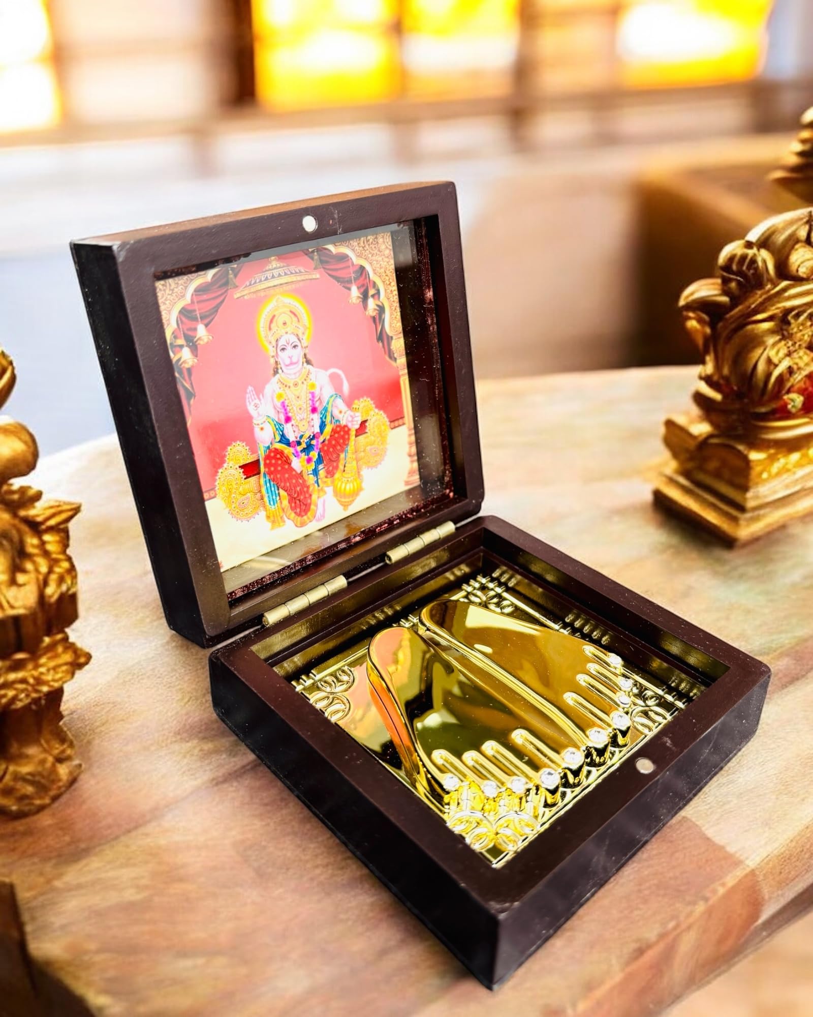 WARMINGO DE Hanuman Ji Pocket Temple Charna Paduka Bajrang Bali | Gold Plated Box God Idol Bhagwan | Religious Gift for Mom & Dad | Diwali Gift Item | Pawan Putra Hanuman Jayanti (Hanuman Ji)