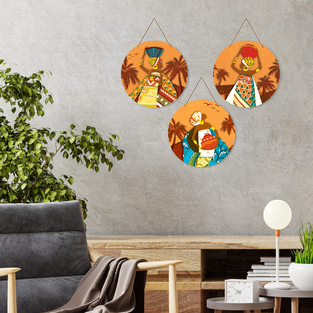 Artvibes African Village Themed Warli Art Round Wooden Wall Hanger for Home Decor | Living Room | Handcrafted Art | Wall Illustrations | Art Prints | Aesthetic Wall Art | Gifts (WH_4201N), Set of 3