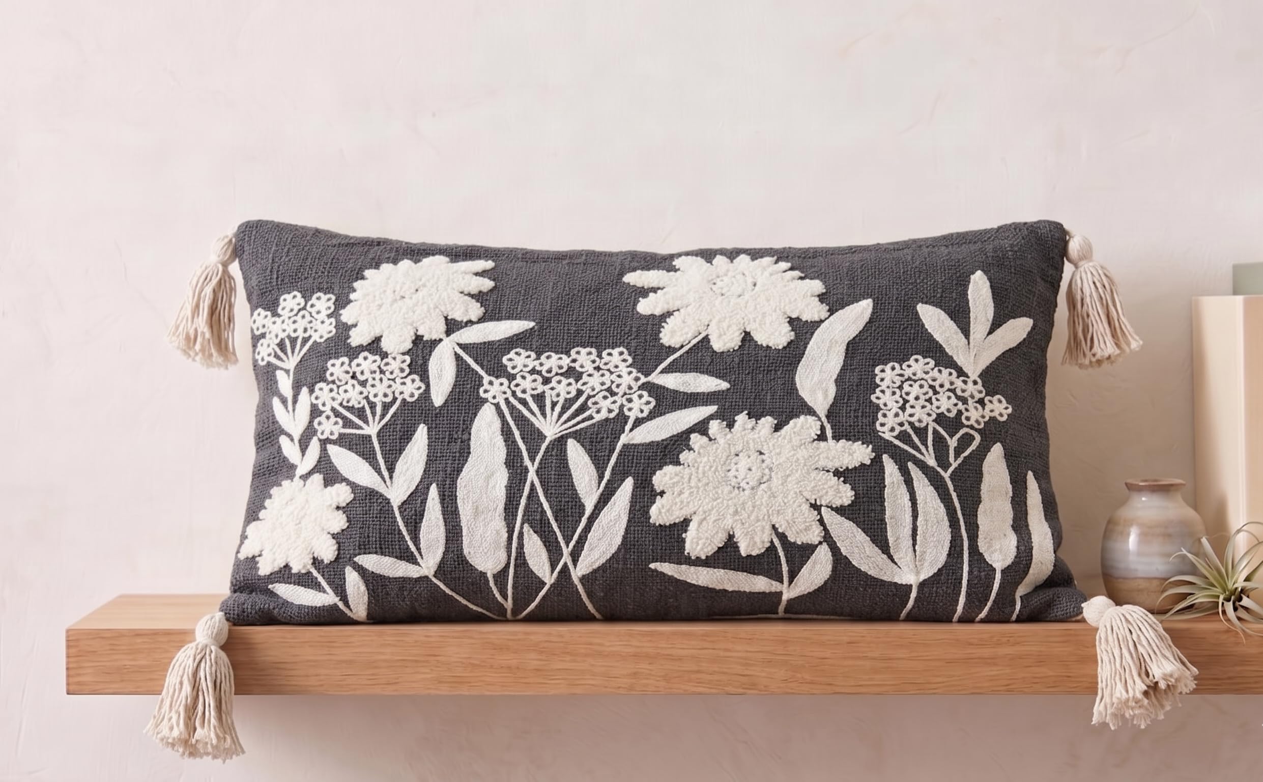 Furnistitchs Boho Rectangle Cushion Cover 12x20 inches | Handmade Decorative Throw Pillow Case | Bohemian Home Decor Sofa Bed Cushion Cover Living Room Bedroom (2, Grey Floret, 12x20 inches)