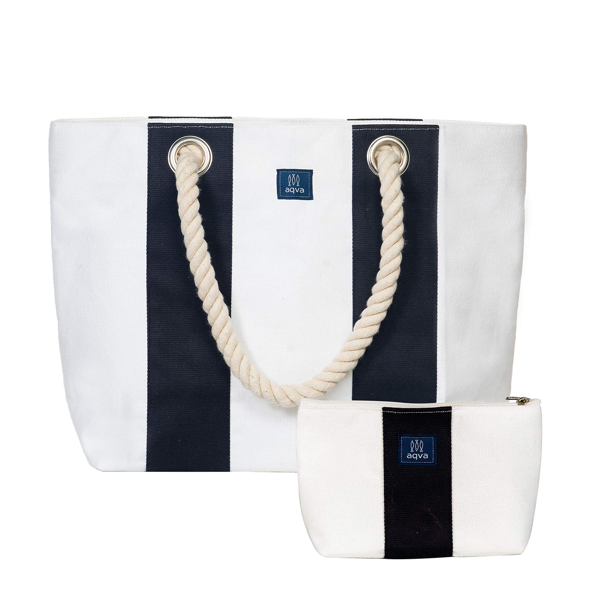 AQVA Women's Tote Bag With Zipper Pouch, Cotton Canvas Shoulder Bag With Rope Handles & Magnetic Button Closure, Utility Handbag For Travel, Work, Shopping, Office, College, Beach, Blue