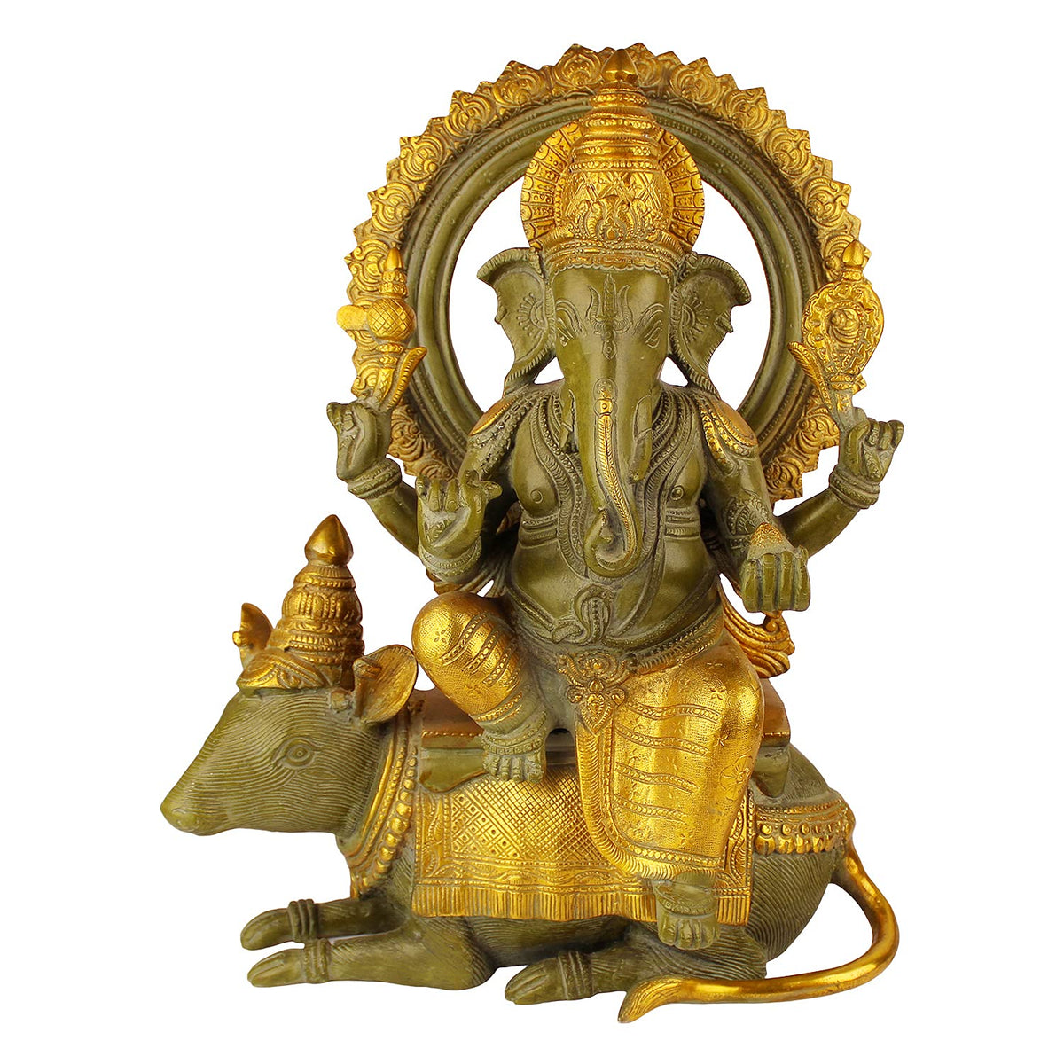 ARTVARKO Big Brass Lord Ganesha Bhagwan Idol Ganesh Statue for Living Room Decor Sitting on Mooshak Rat Sawari Home Entrance Decor Luck Gift Greenish & Gold Finish 16 Inches