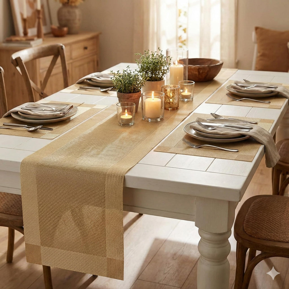 YELONA Dining Table Placemats and Runner Set - Heat Resistant, Washable, Stain Resistant Mats - Woven Vinyl Plastic - Easy to Clean-(45x30 cm 4 Placemats, 180x30 cm 1 Runner)-Ideal for Stylish Dining Kafalo