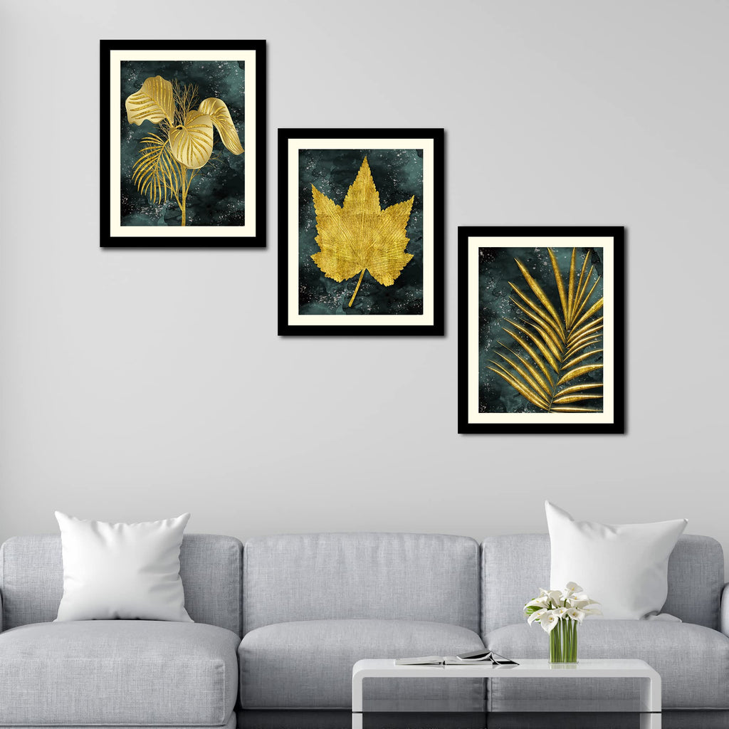VIBECRAFTS Golden Leaves Decorative Wall Frames Set of 3 For Office Digital Reprint Posters with Synthetic Wooden Frame Home, Office Decorative Gift Item(15 inch x 12 inch)(PFVC3Pcs4_1323)