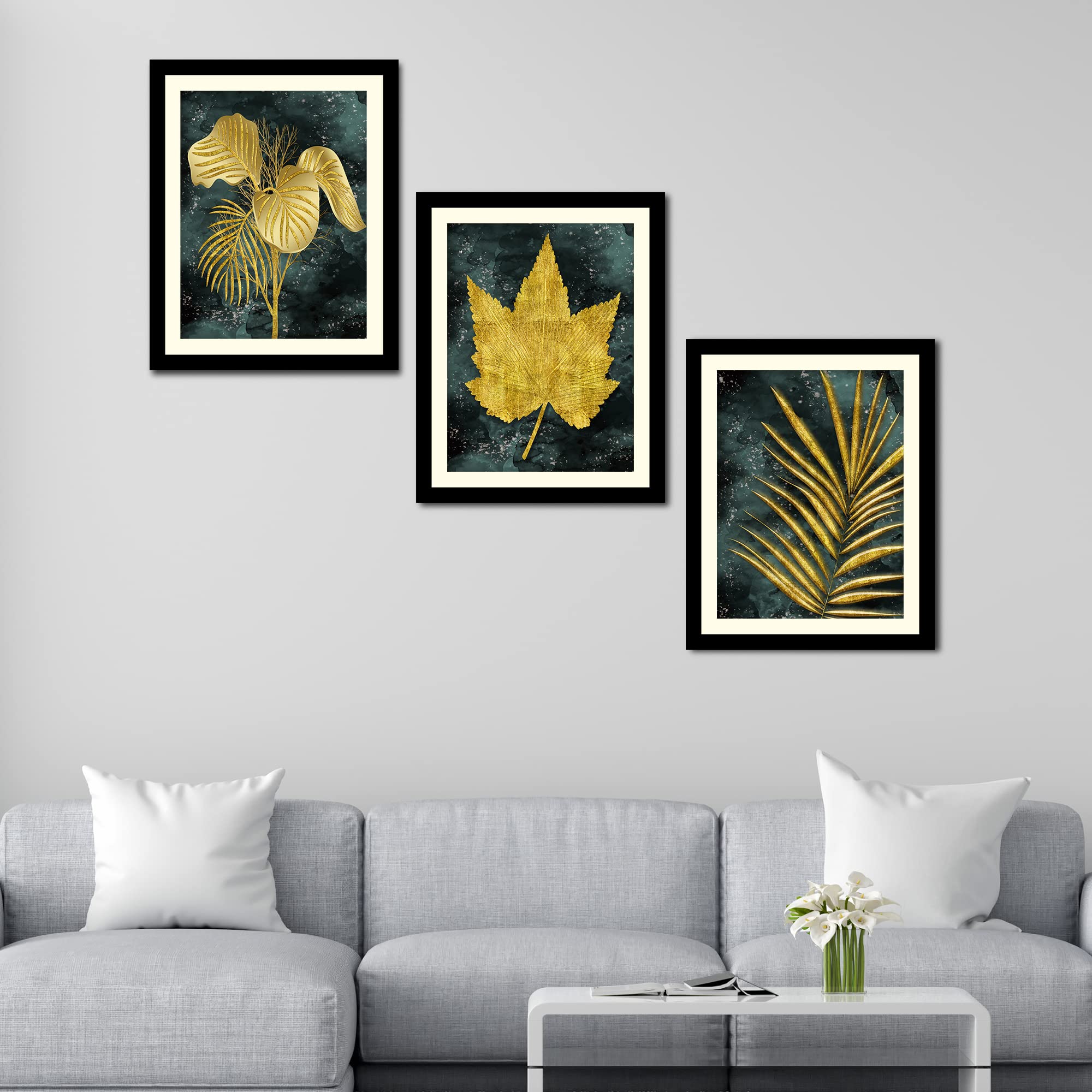 VIBECRAFTS Golden Leaves Decorative Wall Frames Set of 3 For Office Digital Reprint Posters with Synthetic Wooden Frame Home, Office Decorative Gift Item(15 inch x 12 inch)(PFVC3Pcs4_1323)