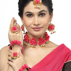 ZENEME Handmade Gold & Red Floral Jewellery Set for Women & Girls | Handcrafted Flower with Pearls Necklace Set with Earrings, Maang Tikka & Pair of Hathphool | Mehendi, Haldi, Wedding & Bridal Jewallery
