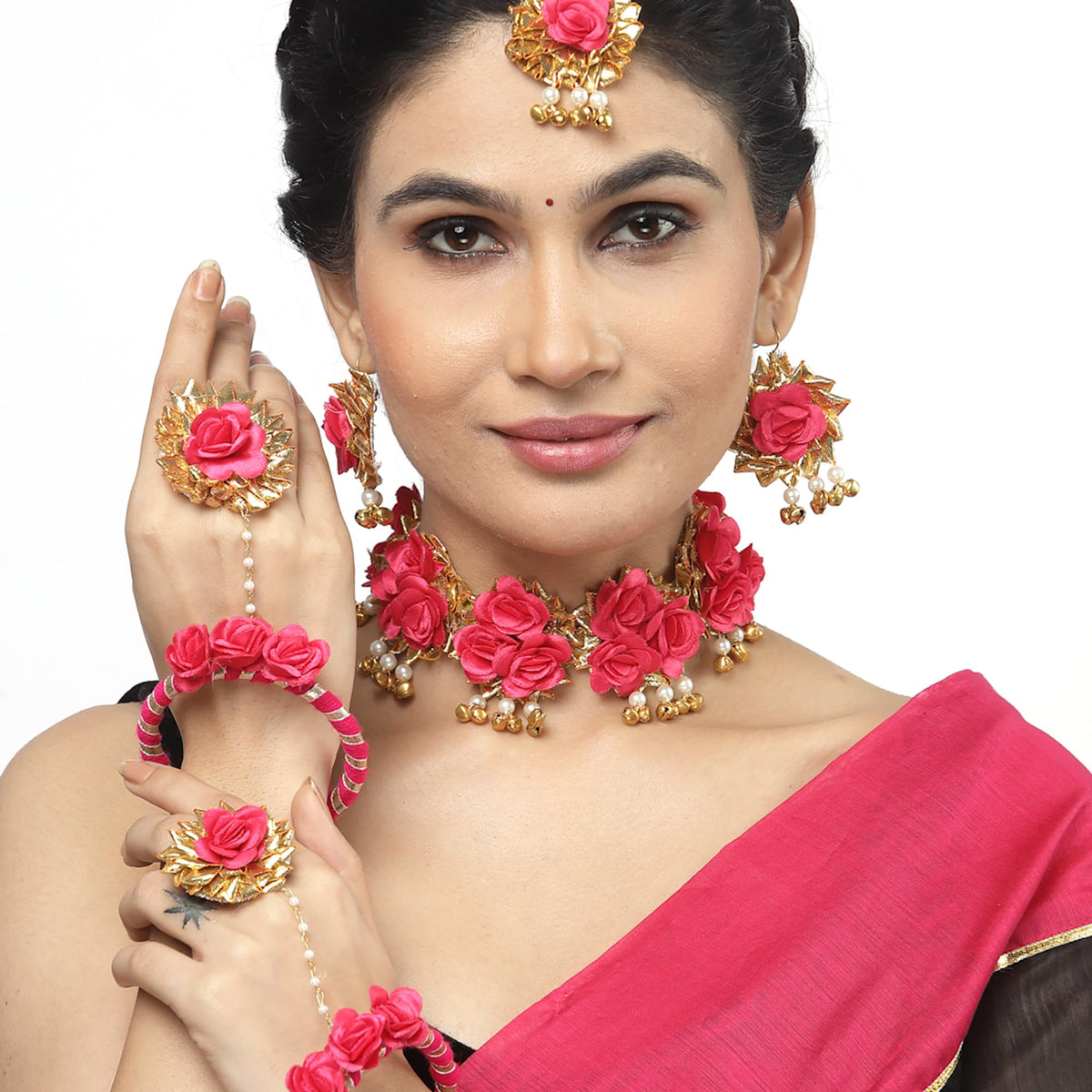 ZENEME Handmade Gold & Red Floral Jewellery Set for Women & Girls | Handcrafted Flower with Pearls Necklace Set with Earrings, Maang Tikka & Pair of Hathphool | Mehendi, Haldi, Wedding & Bridal Jewallery